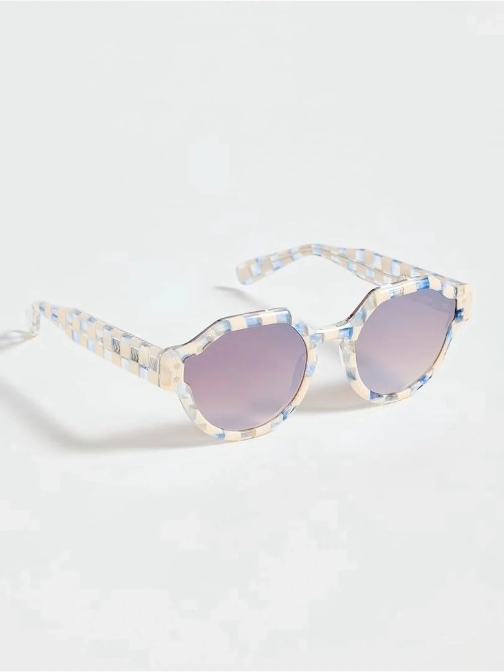 KREWE Cream and Blue Check Round Sunglasses